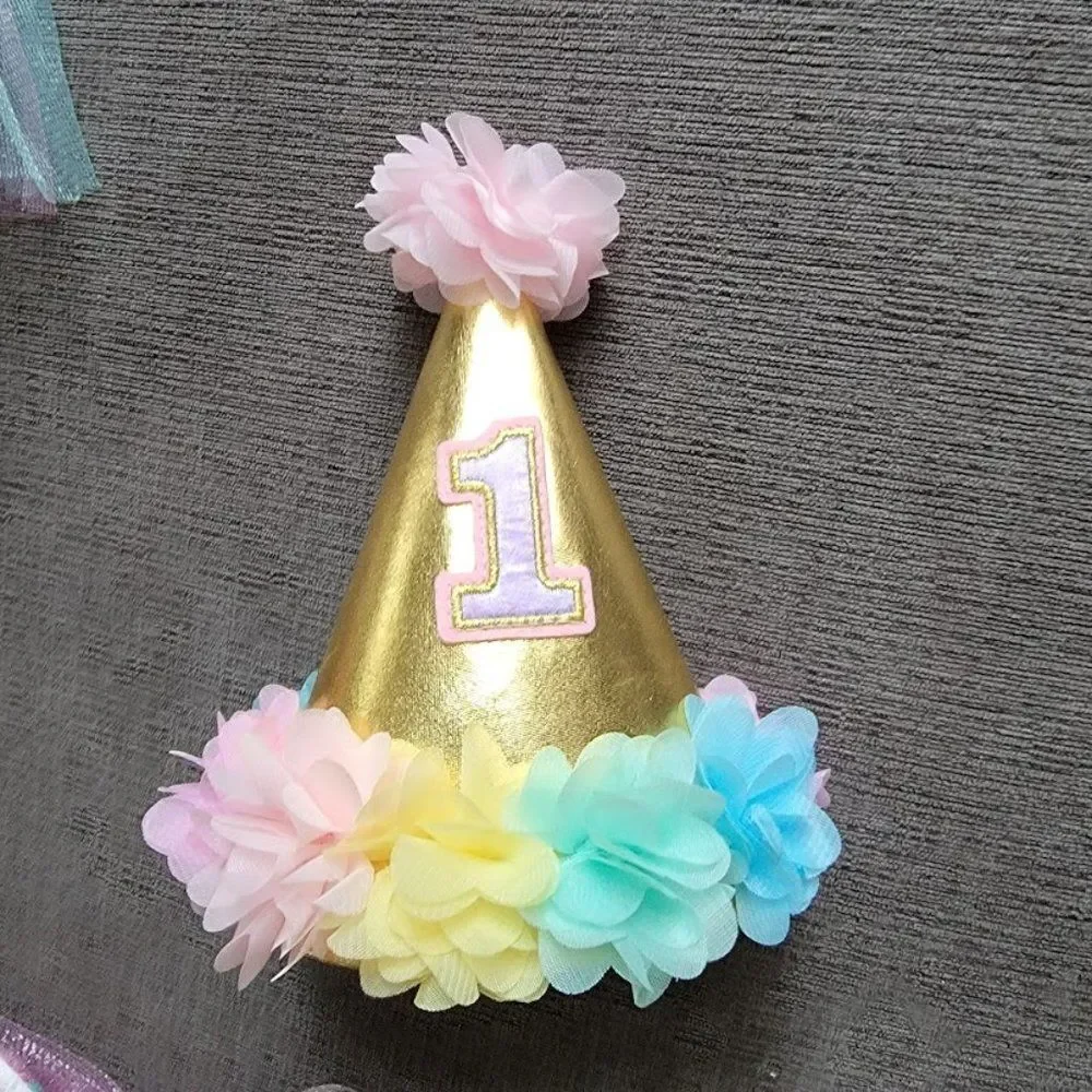Deluxe 1st Birthday Multicolor Cone Hat 1 Pack